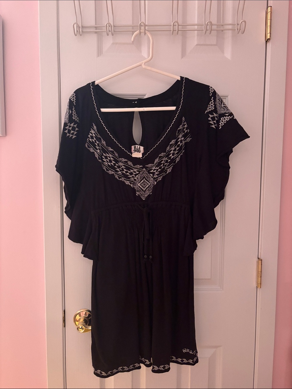 Y2K / Early-2010s Billabong Black Embroidered Boho Beach Cover Up Dress S